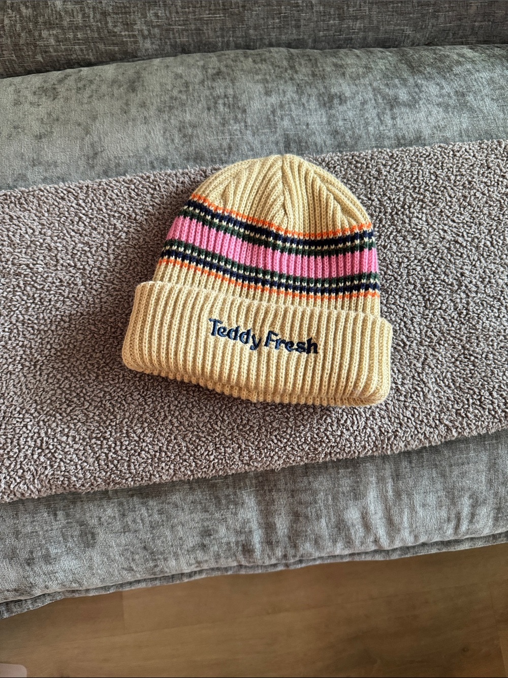 Teddy Fresh Cream Knit Beanie with Pink & Black Stripes